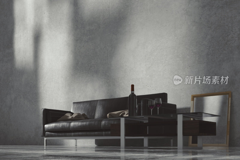 Modern living room, concrete walls, leather sofa